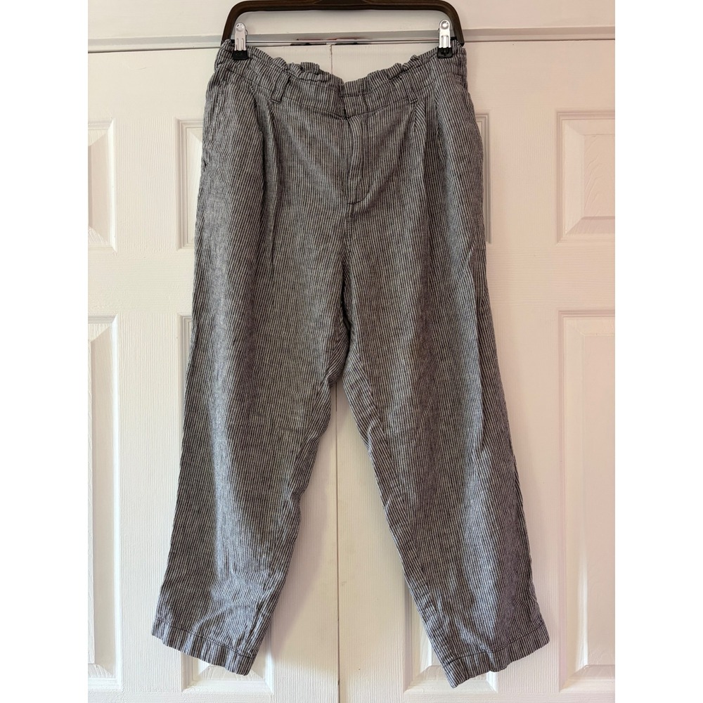 LOFT Womens Black White Striped Paperbag Waist Relaxed Straight Leg Pants L